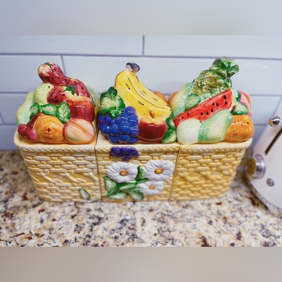 Cottagecore Vintage GOURMET Fruit Basket & Daisy Flowers Canister Set of 3 - Picture 3 of 11